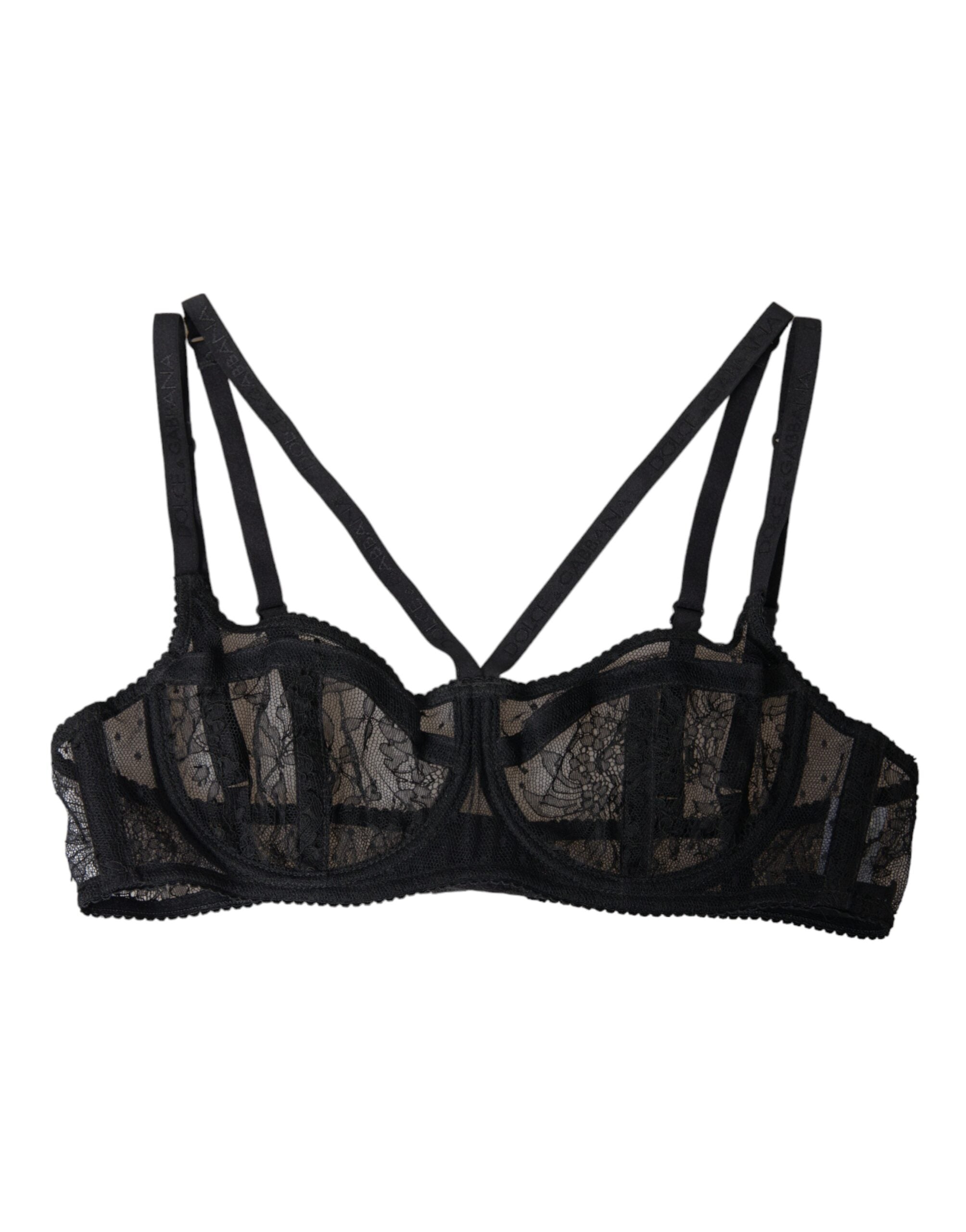 Soutien-gorge balconnet en dentelle florale noire en nylon de Dolce & Gabbana, détail élégant et finitions raffinées.