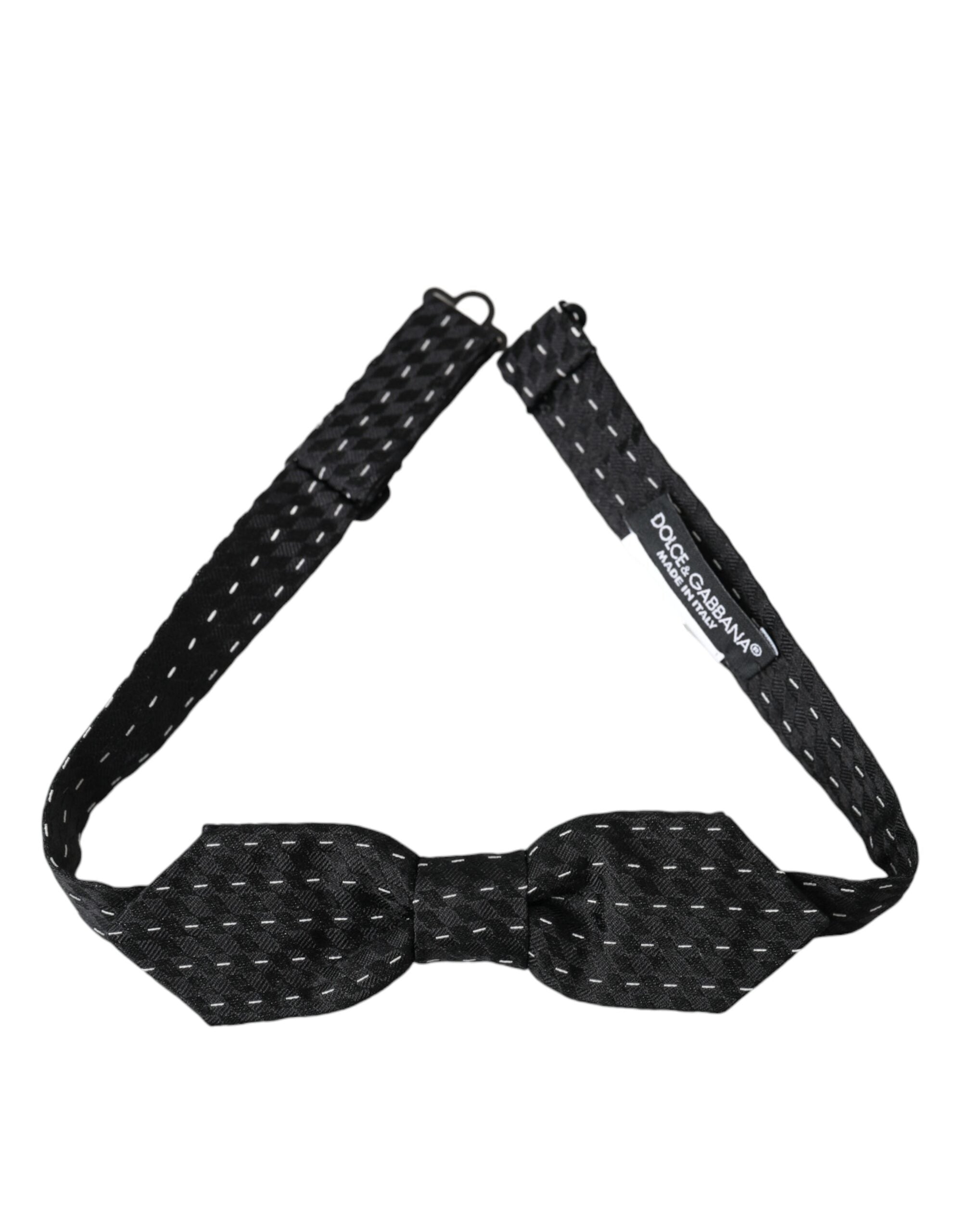 Dolce & Gabbana Dark Gray White Stitched Silk Men Neck Bow Tie