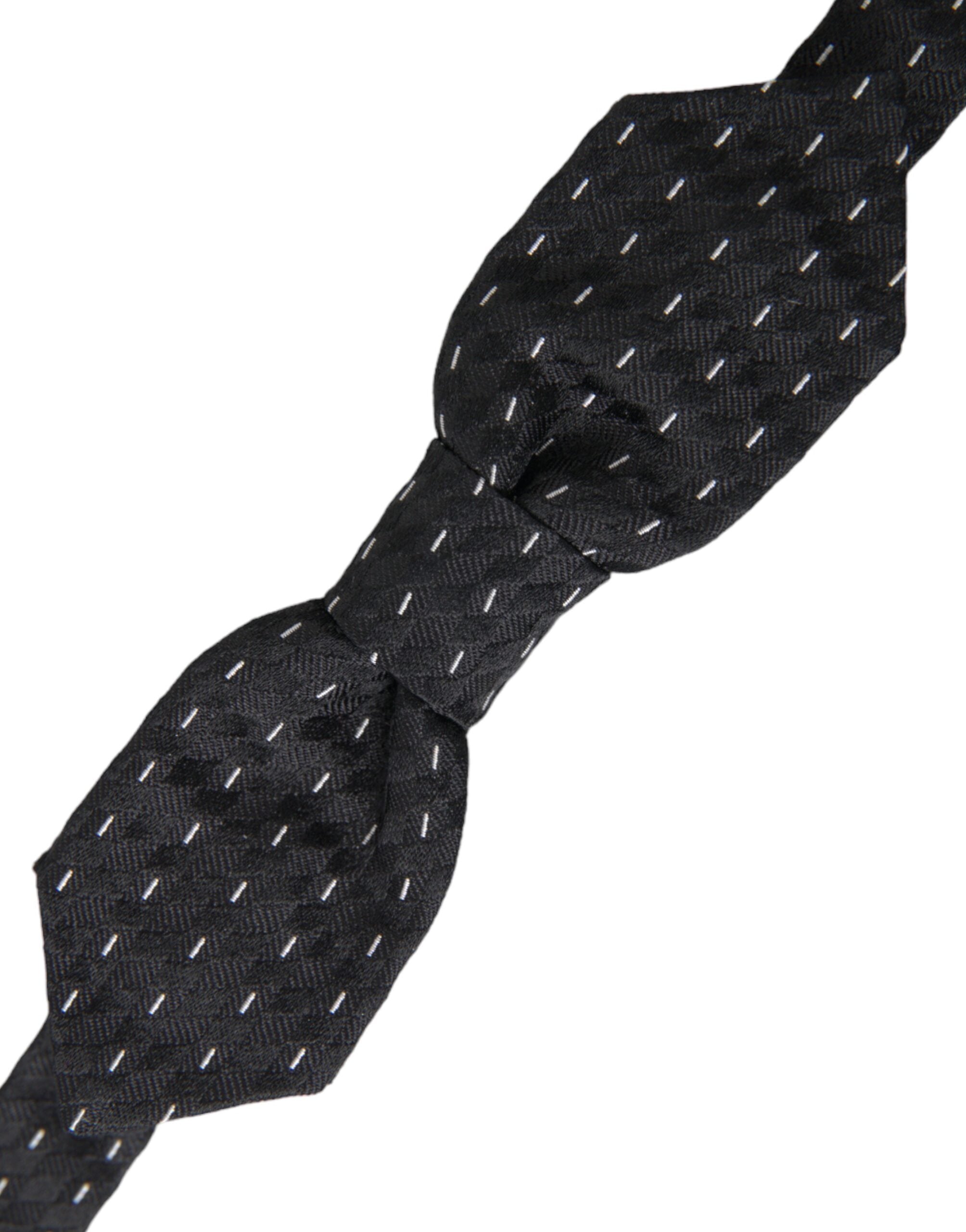Dolce & Gabbana Dark Gray White Stitched Silk Men Neck Bow Tie