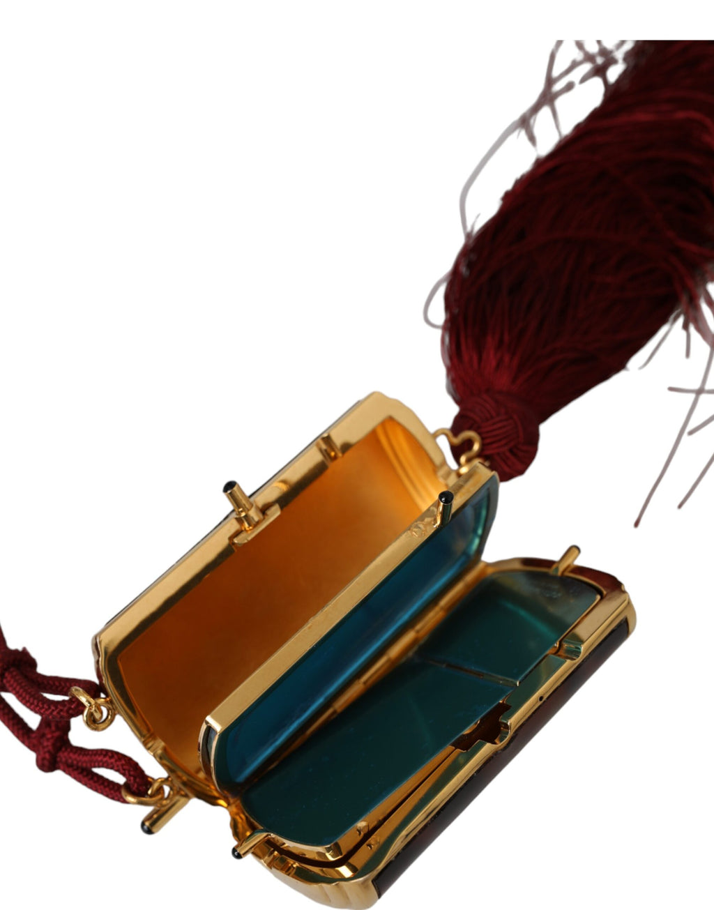 Pochette à maquillage Dolce & Gabbana marron léopard avec miroir mini, tassels en cuir et design élégant.