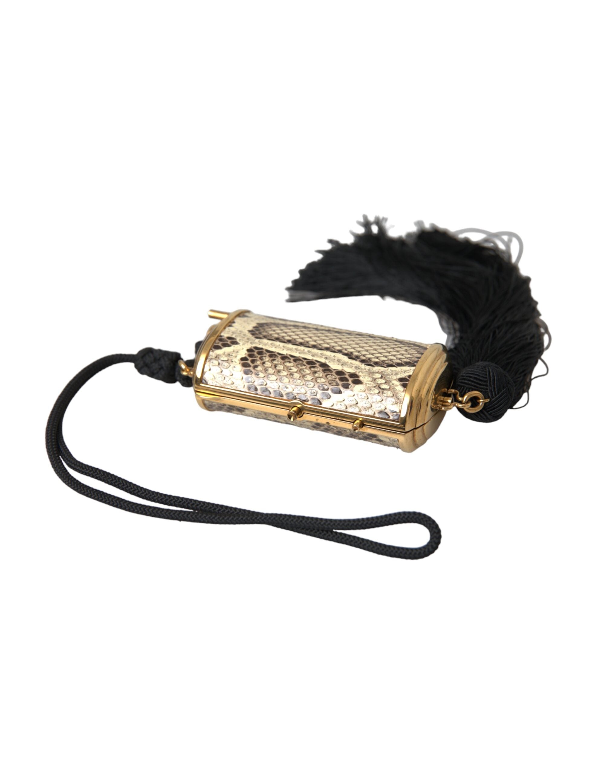 Pochette Dolce & Gabbana beige en cuir exotique avec miroir mini, tassels et espace pour maquillage.