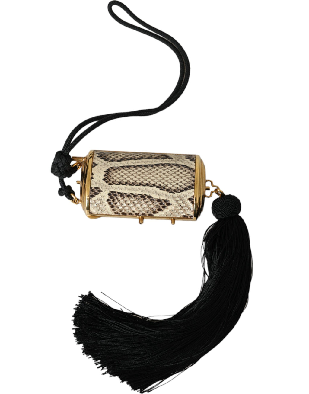 Pochette à maquillage Dolce & Gabbana beige en cuir exotique avec miroir mini et gland en tassel, élégante et sophistiquée.