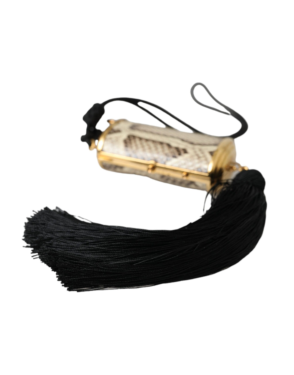 Pochette Dolce & Gabbana beige en cuir exotique avec miroir miniature, tassel en pendentif, pour maquillage et accessoires.