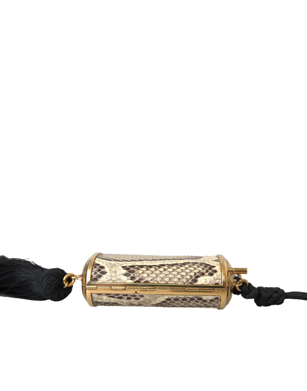 Pochette Dolce & Gabbana beige en cuir exotique avec miroir mini, pompons et détails élégants pour le maquillage.