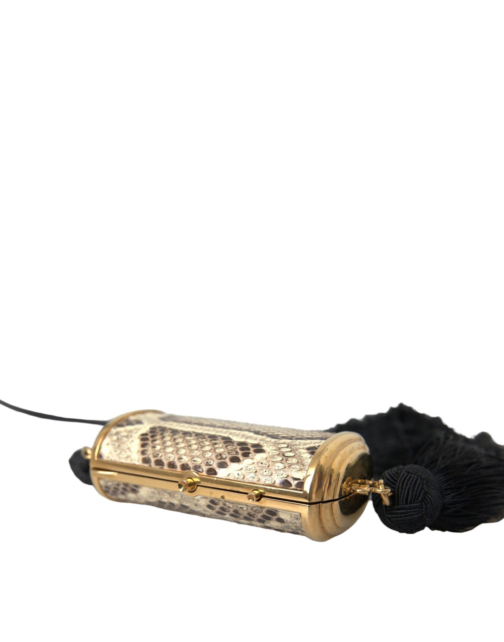 Pochette Dolce & Gabbana beige en cuir exotique avec miroir miniature, tassel et poche pour maquillage.
