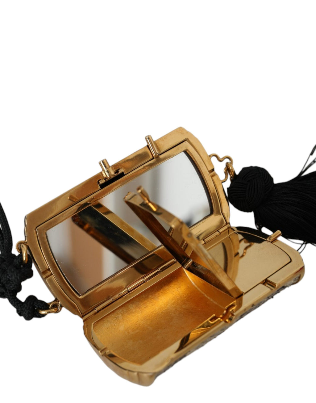 Pochette Dolce & Gabbana beige en cuir exotique avec miroir mini, tassel et rangement pour maquillage.