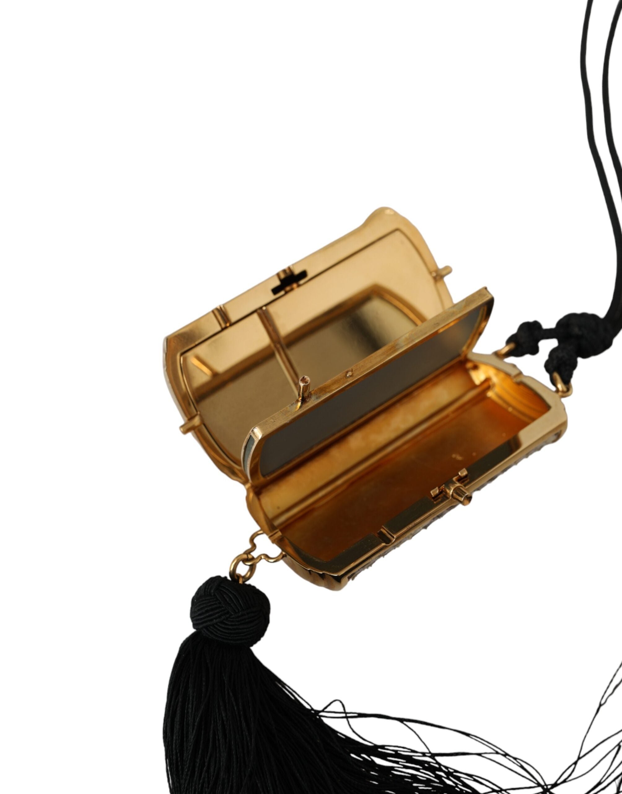 Sac à maquillage Dolce & Gabbana beige en cuir exotique avec miroir miniature et tassels, accessoire élégant et pratique.