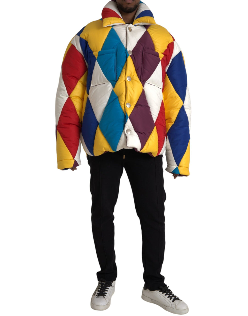Veste matelassée multicolore Dolce & Gabbana pour homme, coupe windbreaker, style tendance et détails colorés visibles.