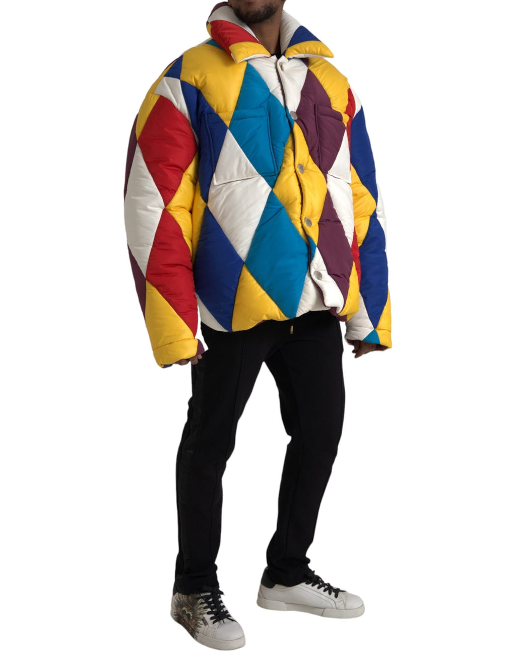 Doudoune homme Dolce & Gabbana à motifs multicolores, coupe rembourrée, veste coupe-vent tendance et colorée.