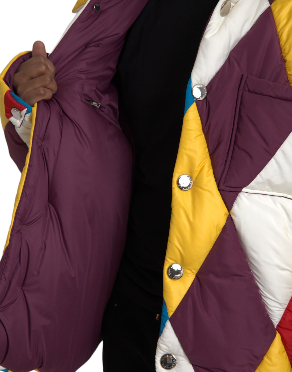 Veste homme Dolce & Gabbana multicolore, coupe puffer, veste coupe-vent à motifs colorés et design moderne.