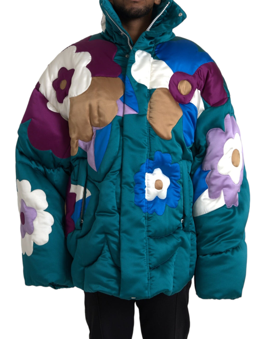 Veste matelassée Dolce & Gabbana à fleurs multicolores, coupe coupe-vent et tendance, avec design floral vibrant.