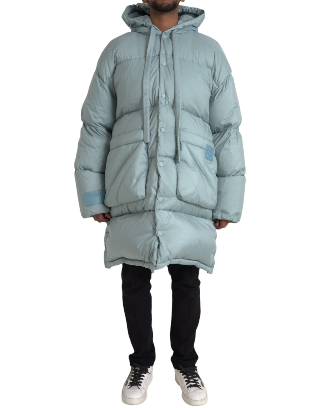 Veste matelassée à capuche Dolce & Gabbana Light Blue pour homme, style puffer chaud et tendance.