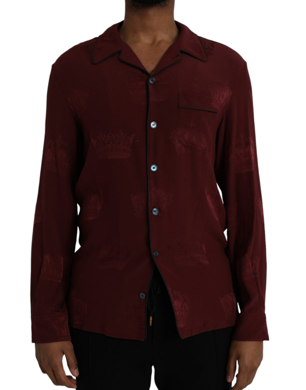 Chemise Dolce & Gabbana en jacquard de soie bordeaux avec motif couronne à manches longues.