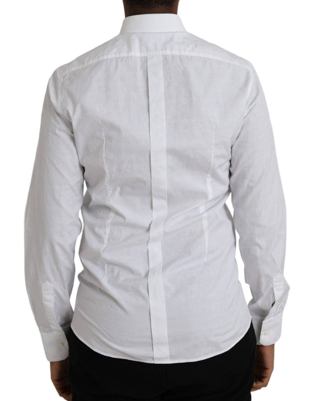 Robe blanche en coton à manches longues de Dolce & Gabbana avec détail doré sur le col et les poignets.