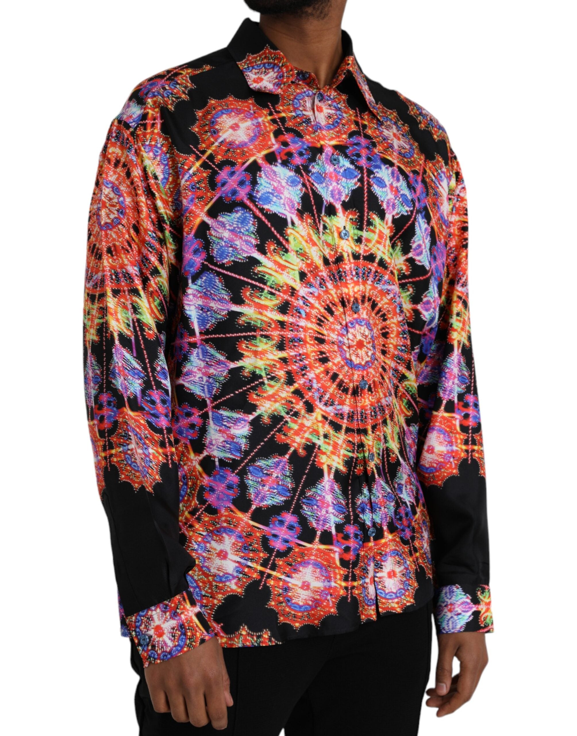 Chemise homme décontractée Dolce & Gabbana en soie multicolore avec motif Luminarie, style élégant et confortable.