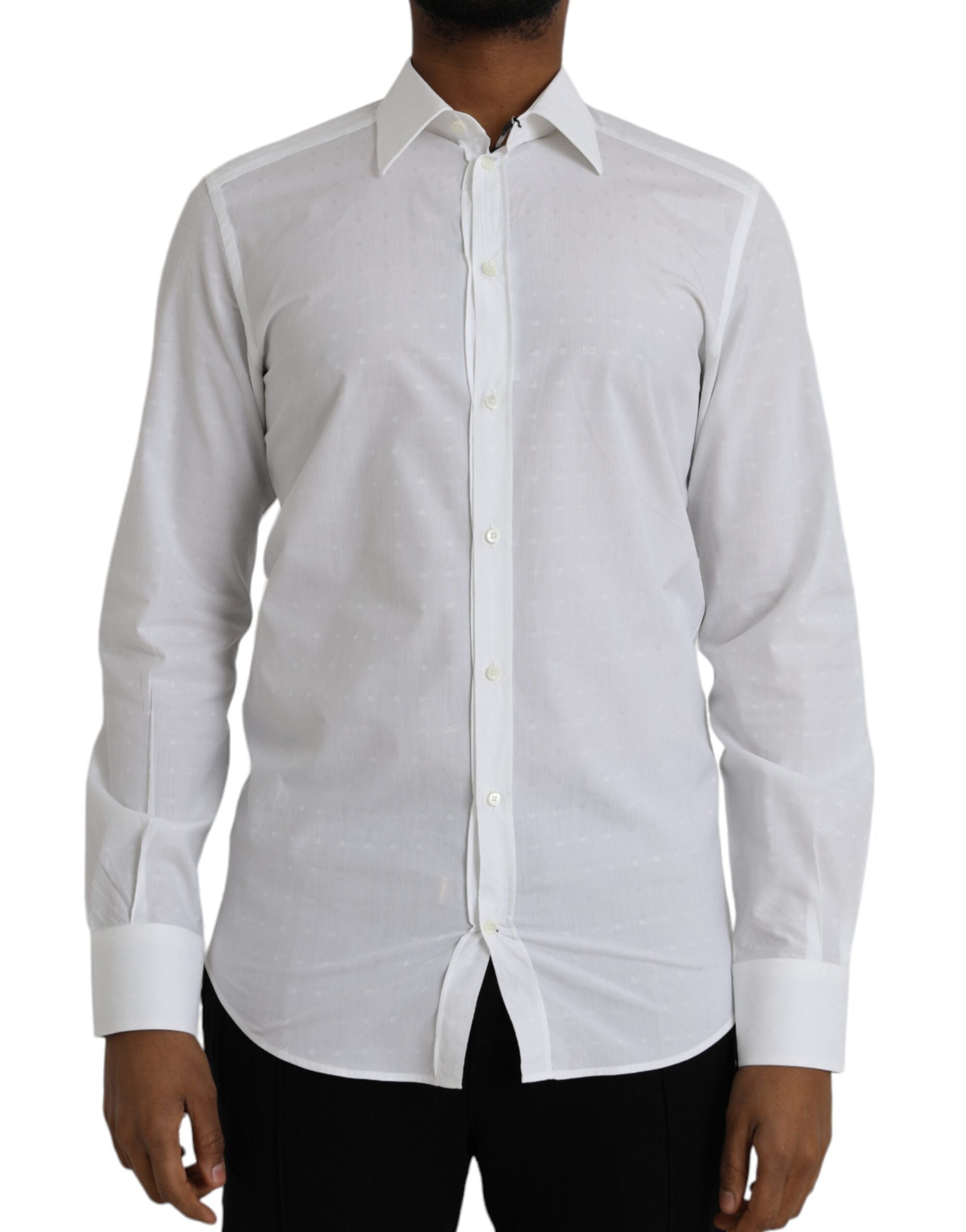 Chemise homme Dolce & Gabbana blanche en coton avec logo doré, style élégant et moderne.