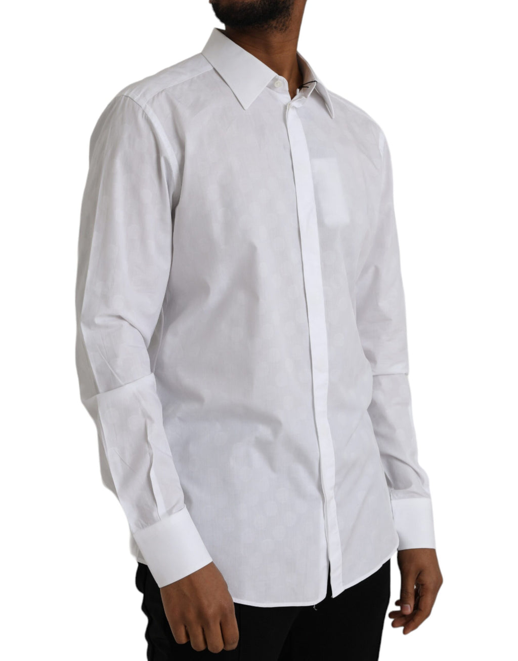 Robe en coton blanche à pois avec veste or de Dolce & Gabbana, style élégant et chic, vue de face.