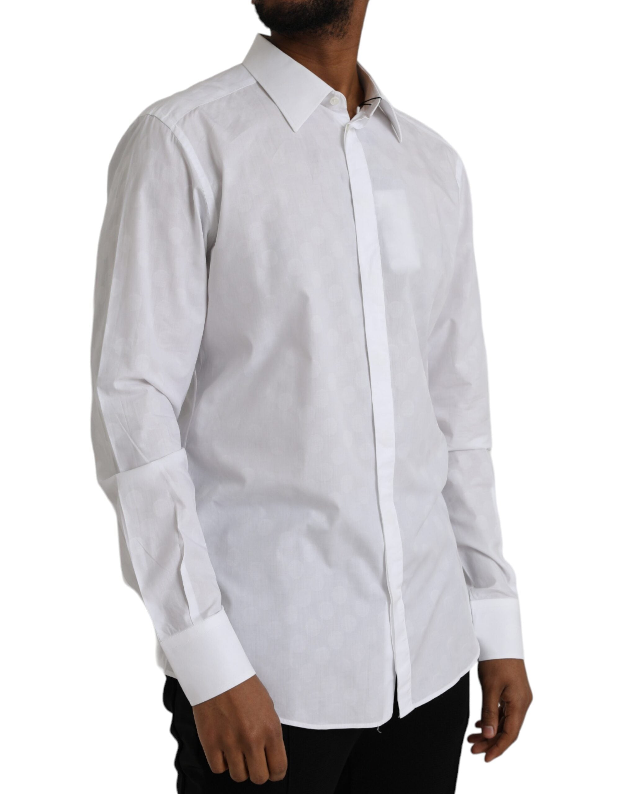 Robe en coton blanche à pois avec veste or de Dolce & Gabbana, style élégant et chic, vue de face.
