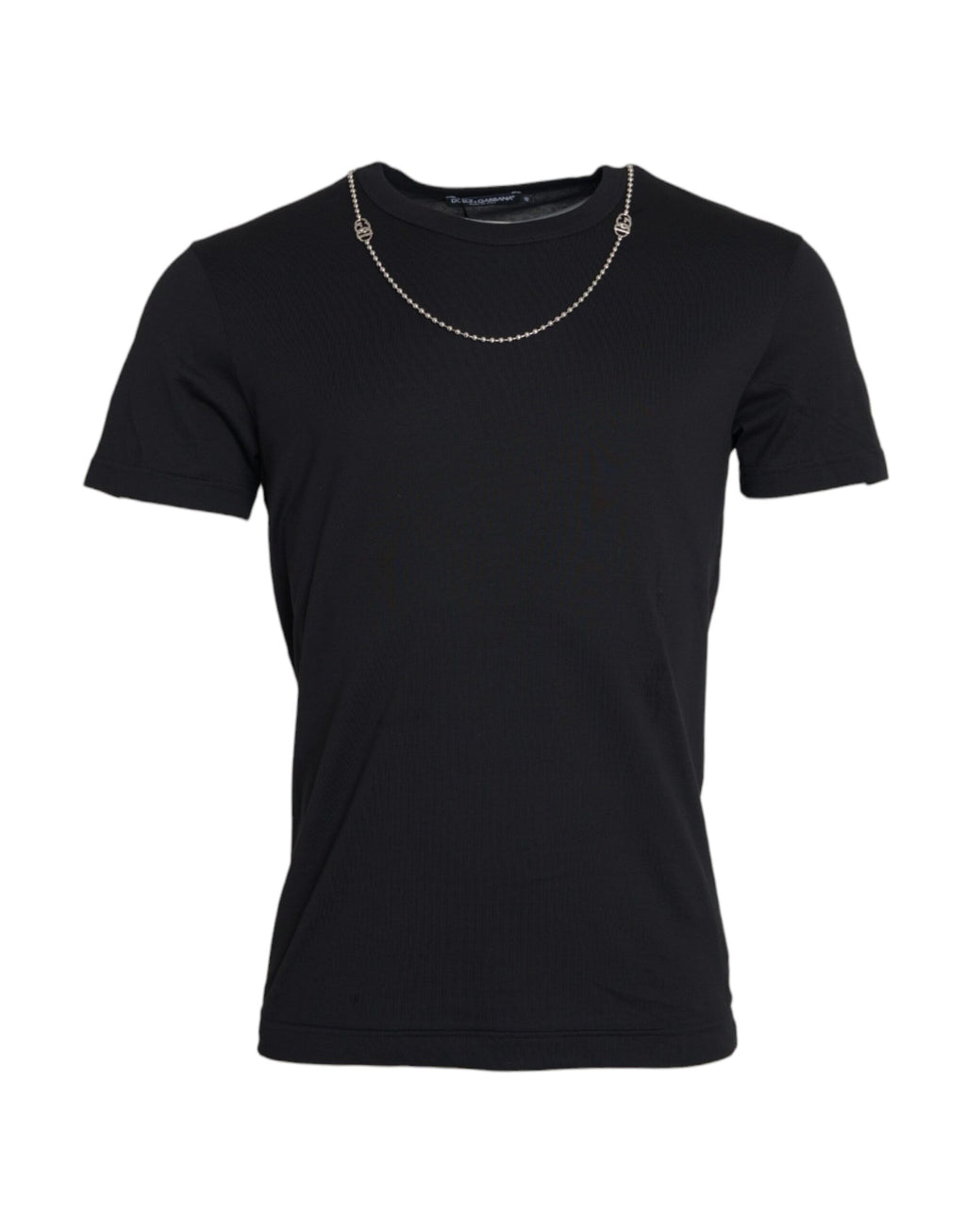 T-shirt noir en coton avec chaîne en argent de Dolce & Gabbana, manches courtes et design moderne visible sur l'image.