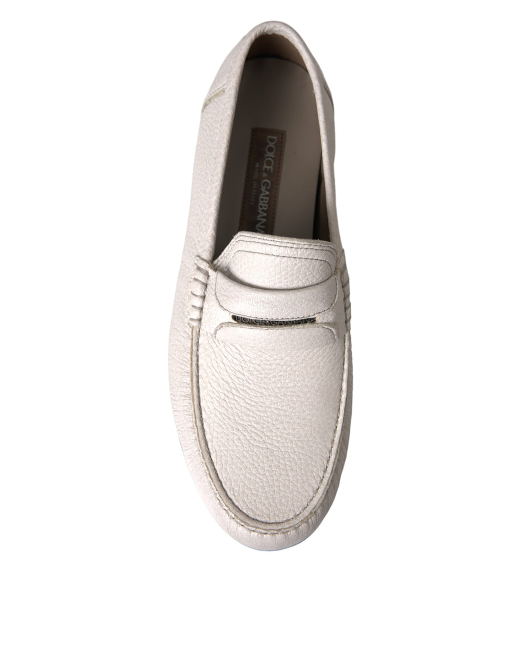 Mocassins en cuir blanc et gris Dolce & Gabbana, chaussures slip-on élégantes pour homme, vue de face.