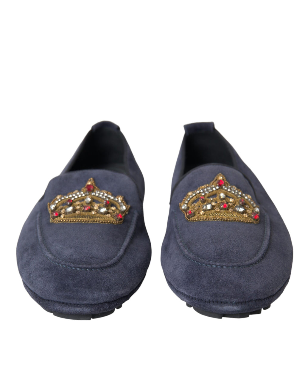 Chaussures Dolce & Gabbana Crown Loafers en cuir bleu et daim avec cristaux, élégantes mocassins à pampilles.