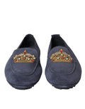 Chaussures Dolce & Gabbana Crown Loafers en cuir bleu et daim avec cristaux, élégantes mocassins à pampilles.