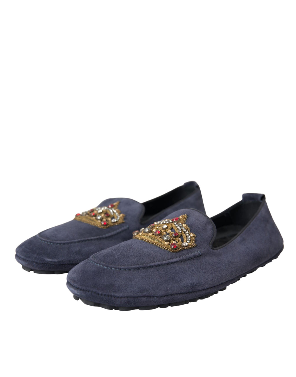 Chaussures Dolce & Gabbana Crown Loafers en cuir bleu et daim avec cristaux, élégantes mocassins à talons plats pour femme