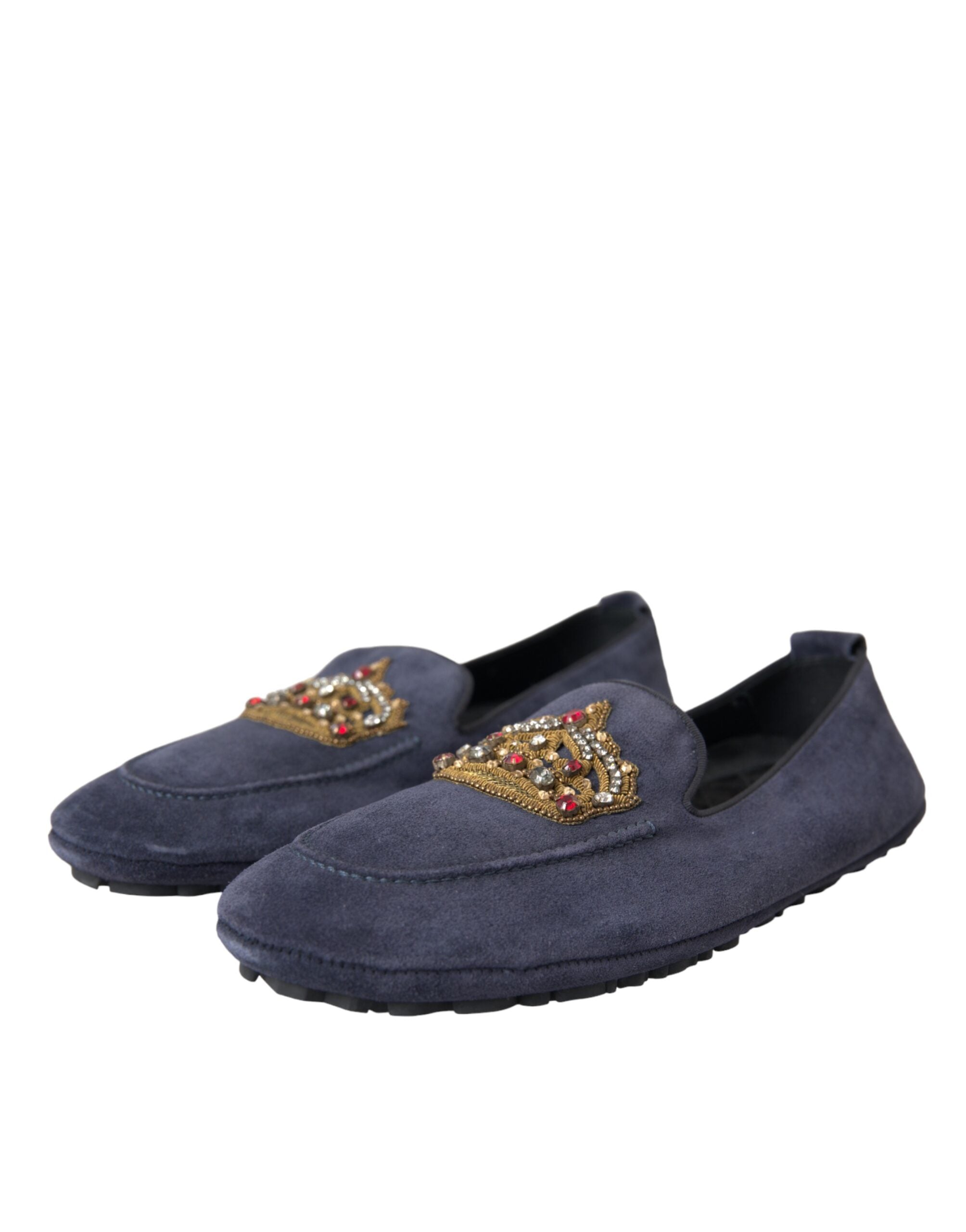 Chaussures Dolce & Gabbana Crown Loafers en cuir bleu et daim avec cristaux, élégantes mocassins à talons plats pour femme