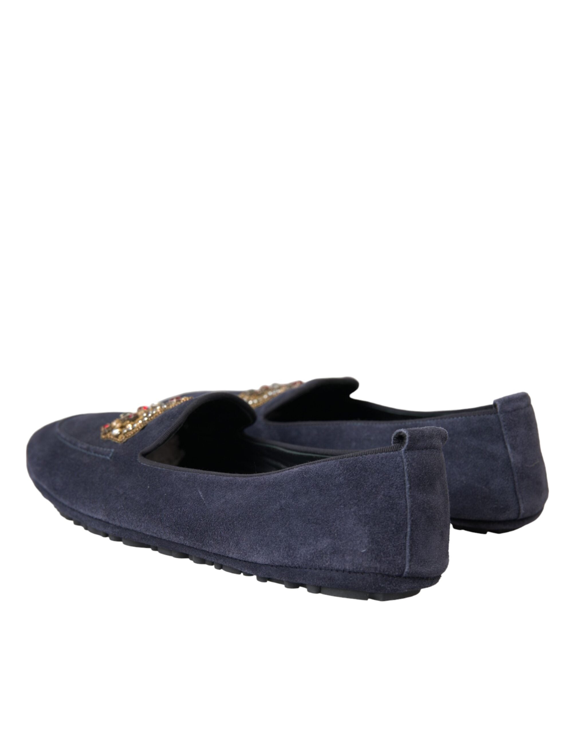 Chaussures Dolce & Gabbana Crown en cuir bleu et daim avec cristaux, mocassins élégants pour femme.