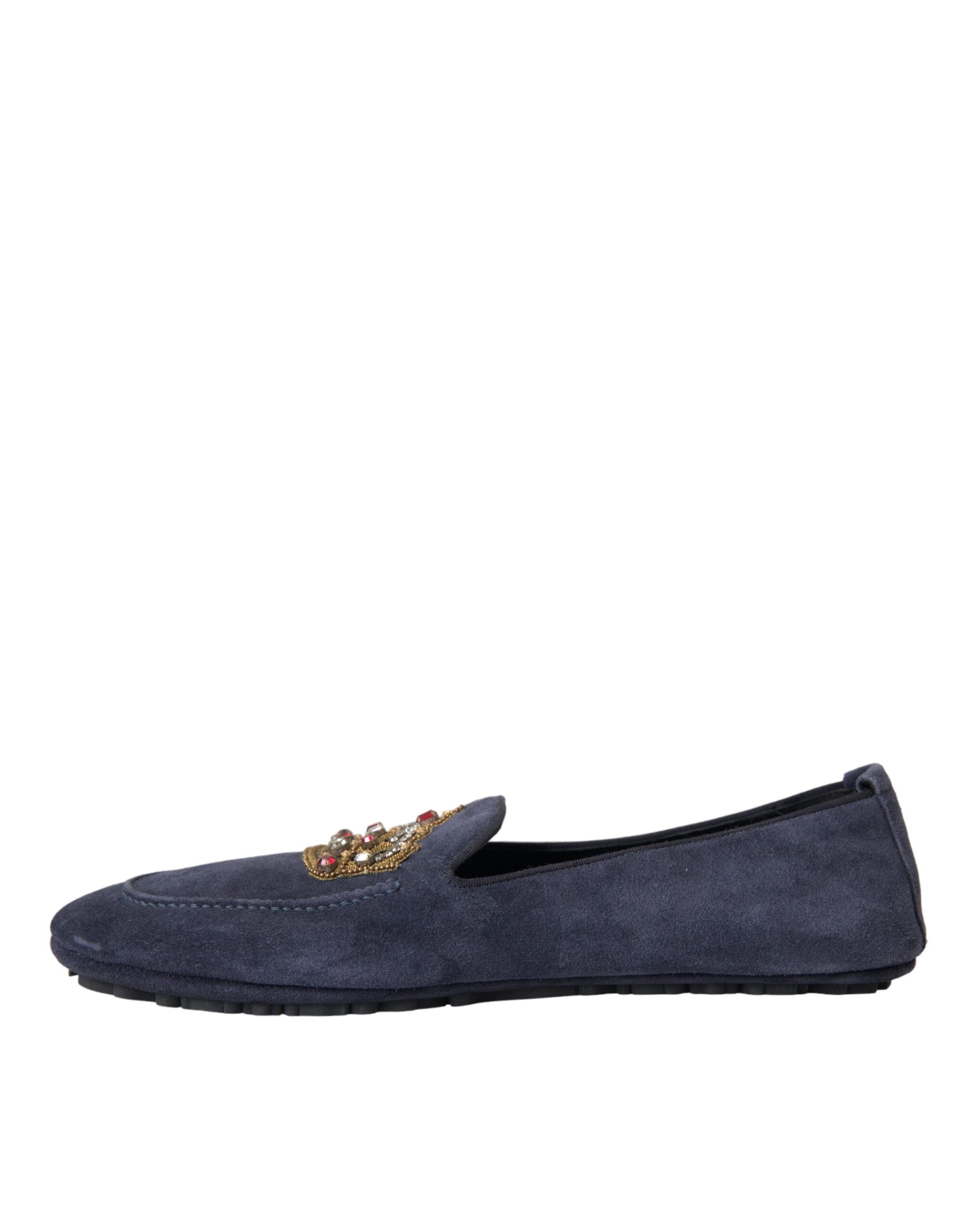 Chaussures loafers Dolce & Gabbana en cuir bleu et suède avec couronne en cristaux, élégantes et sophistiquées.