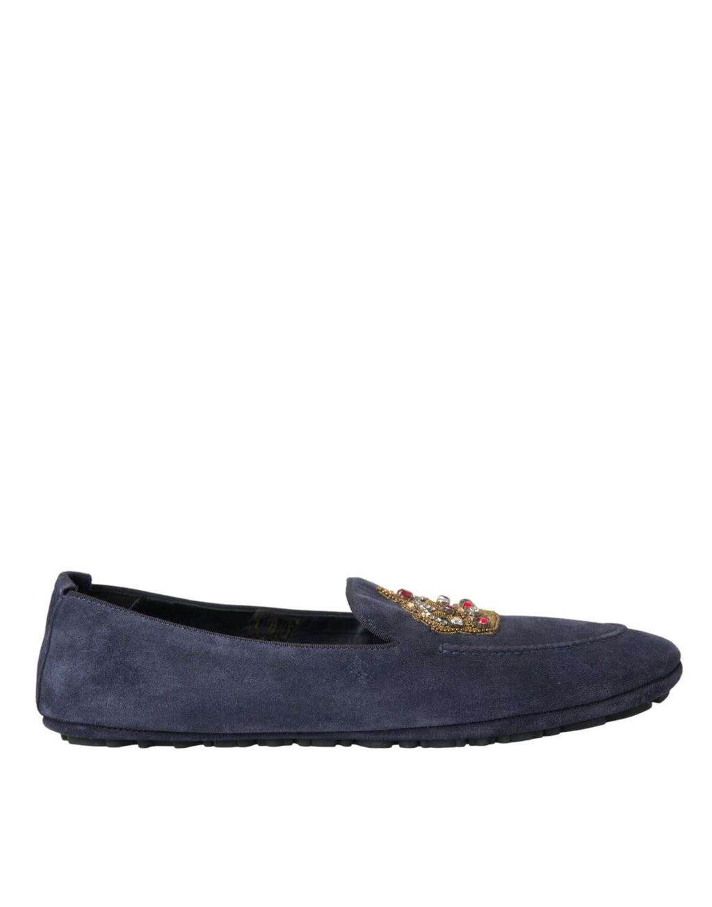 Chaussures Dolce & Gabbana Crown Loafers en cuir bleu et daim avec cristaux, style élégant et sophistiqué.