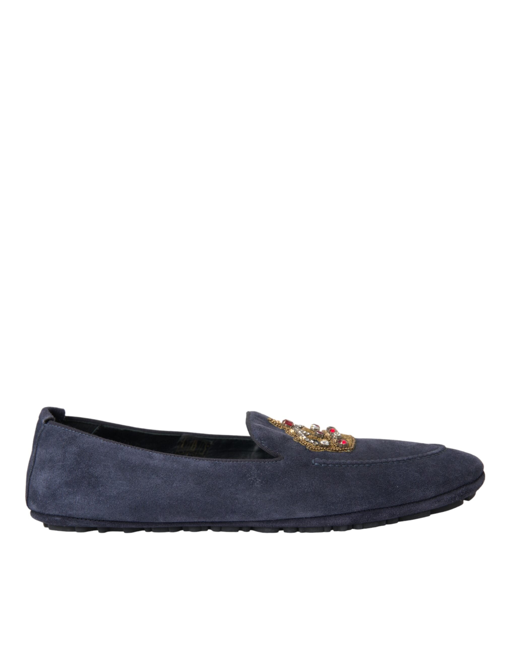 Chaussures Dolce & Gabbana Crown Loafers en cuir bleu et daim avec cristaux, style élégant et sophistiqué.