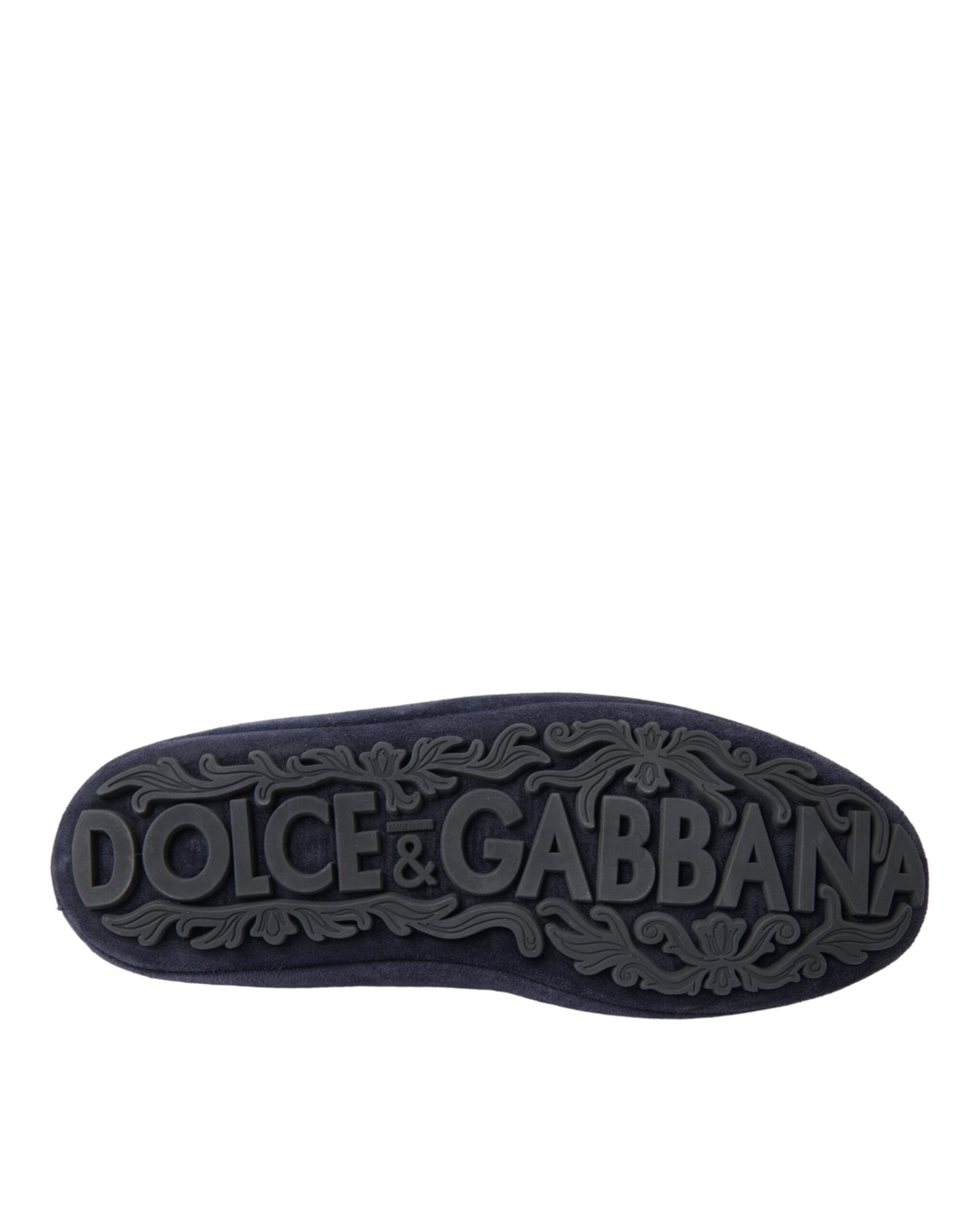 Chaussures Dolce & Gabbana Crown Loafers en cuir bleu avec détails en daim et cristaux, style élégant et sophistiqué.