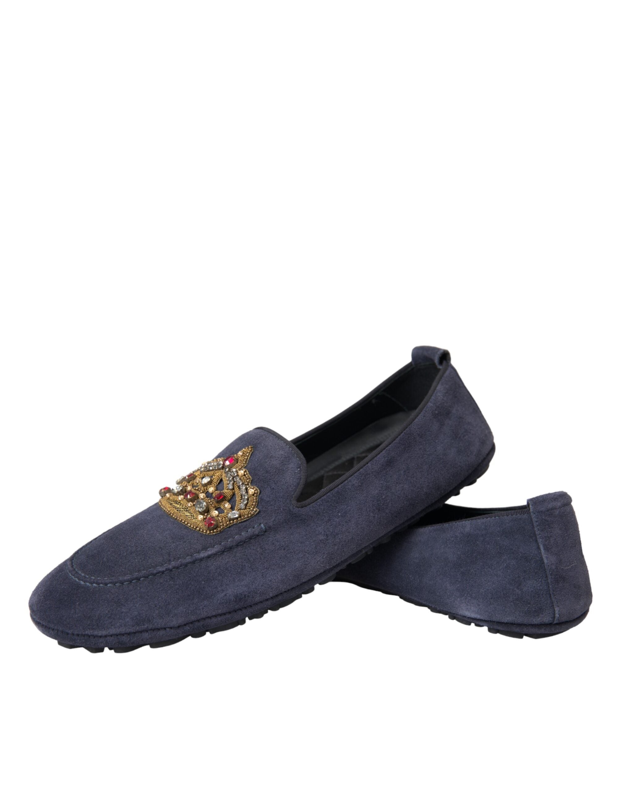 Chaussures Dolce & Gabbana loafers en cuir bleu avec détails en velours et cristaux, style prince avec semelle élégante.