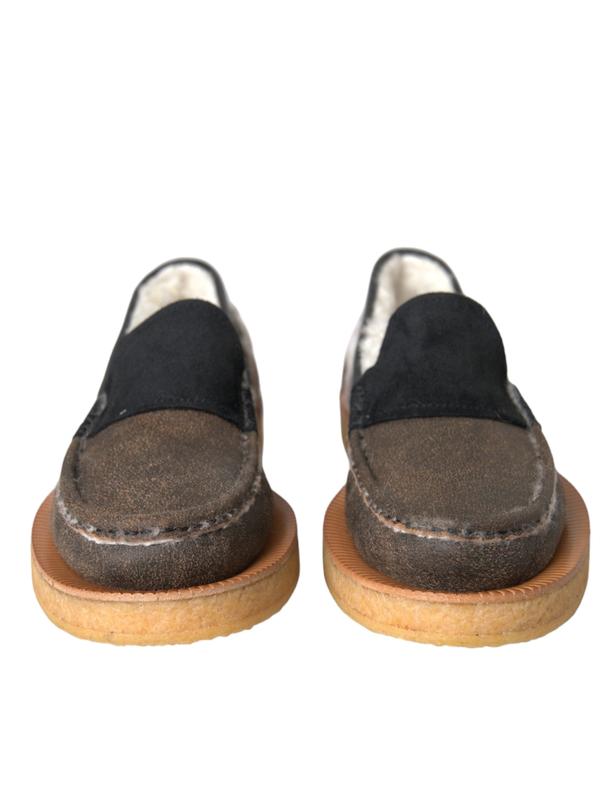 Mocassins en cuir et fourrure marron et noir de Dolce & Gabbana pour homme, style élégant et sophistiqué.