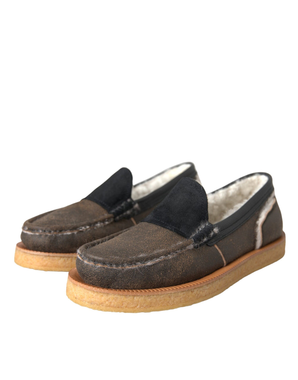 Mocassins pour hommes Dolce & Gabbana en cuir marron et noir avec détails en fourrure, chaussures élégantes en cuir.