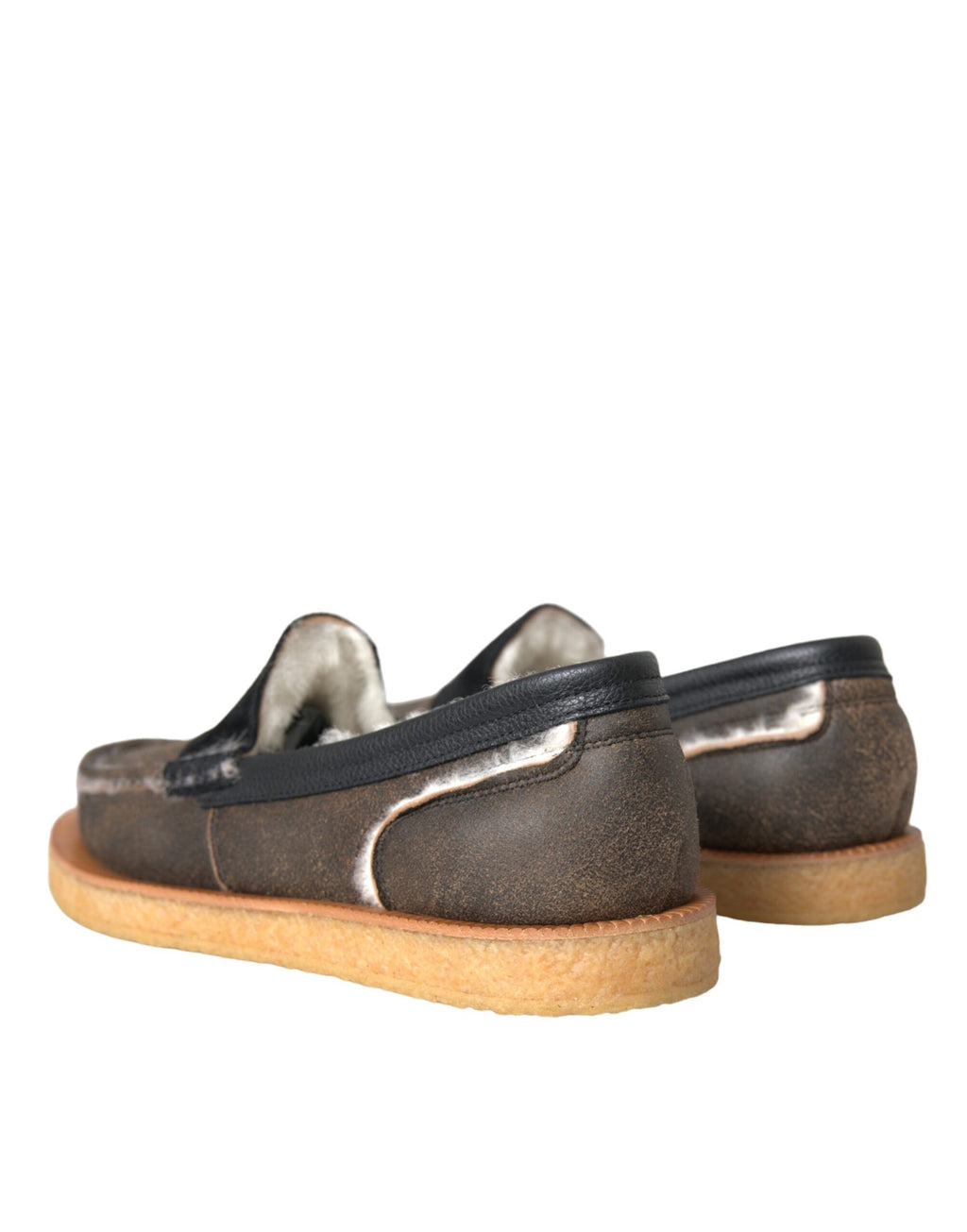 Mocassins pour hommes Dolce & Gabbana en cuir marron et noir avec fourrure, style élégant et sophistiqué.