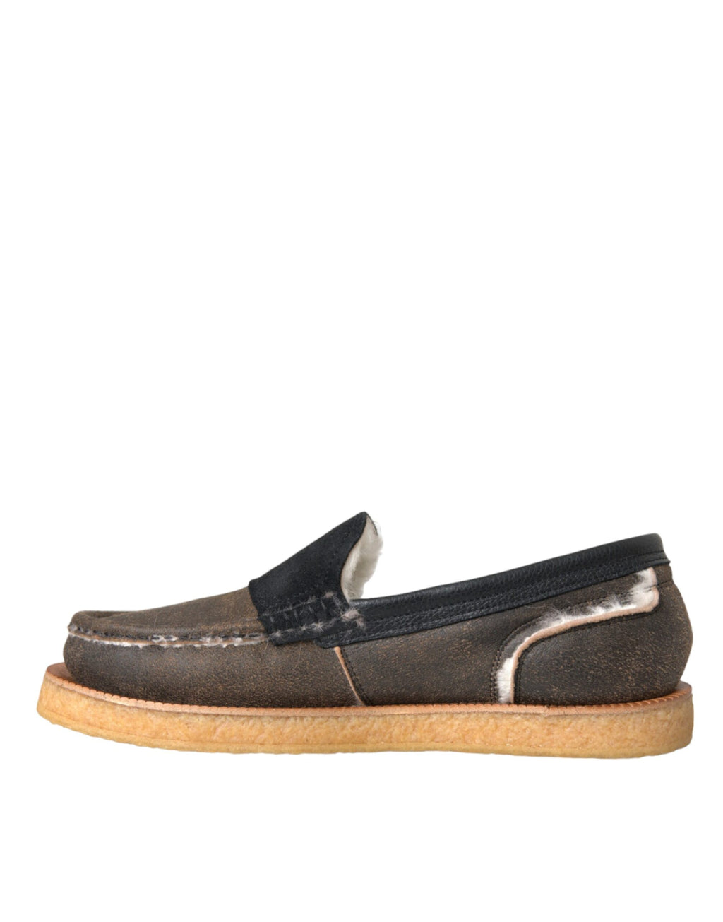 Chaussures mocassins pour hommes Dolce & Gabbana en cuir et fourrure marron et noir, style élégant et sophistiqué.