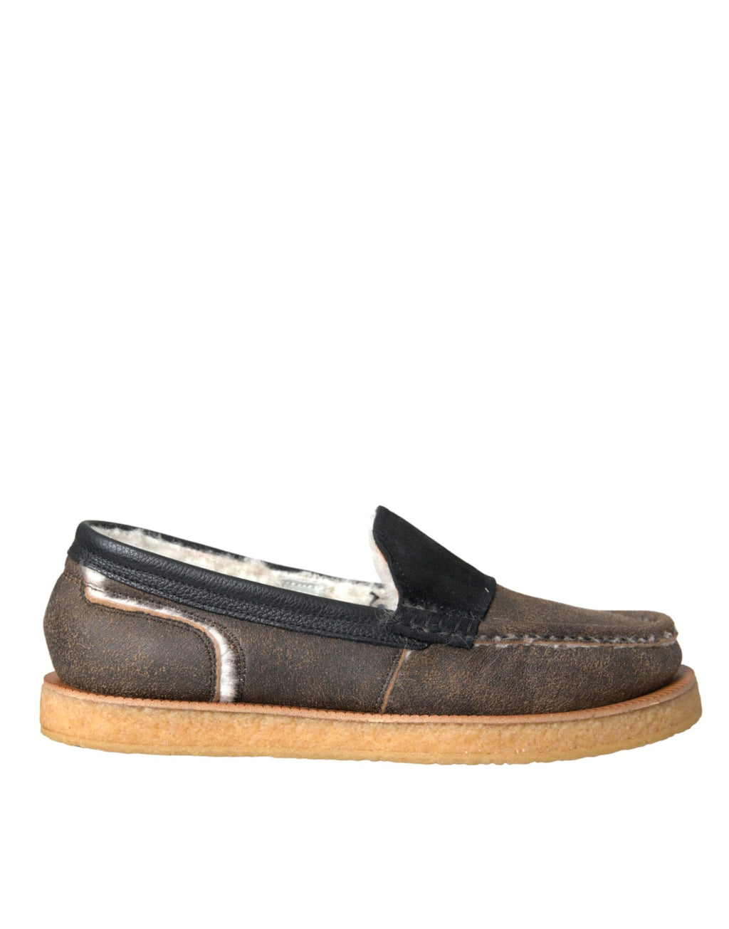 Mocassins pour hommes Dolce & Gabbana en cuir marron et noir avec détails en fourrure, élégants et sophistiqués.