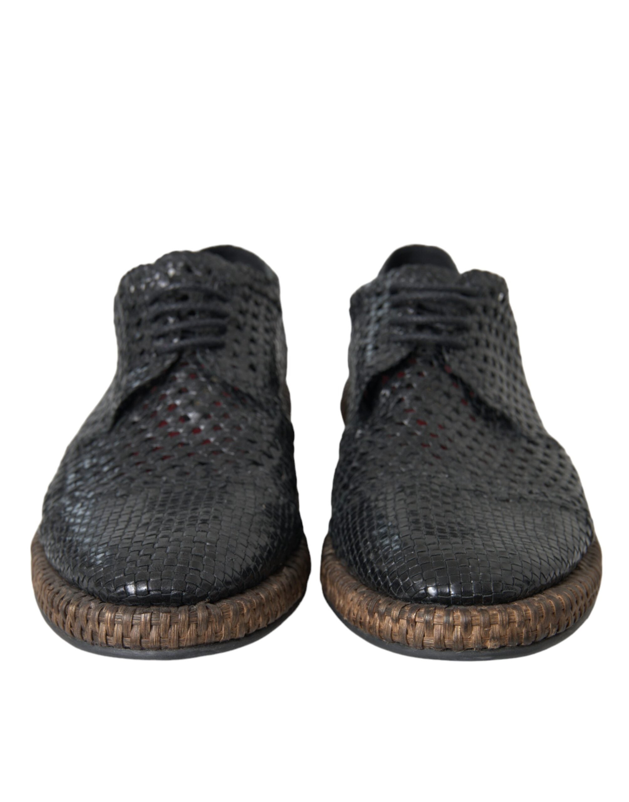 Chaussures derby en cuir de chèvre tissé noir de Dolce & Gabbana, lacets, élégantes et sophistiquées pour homme.