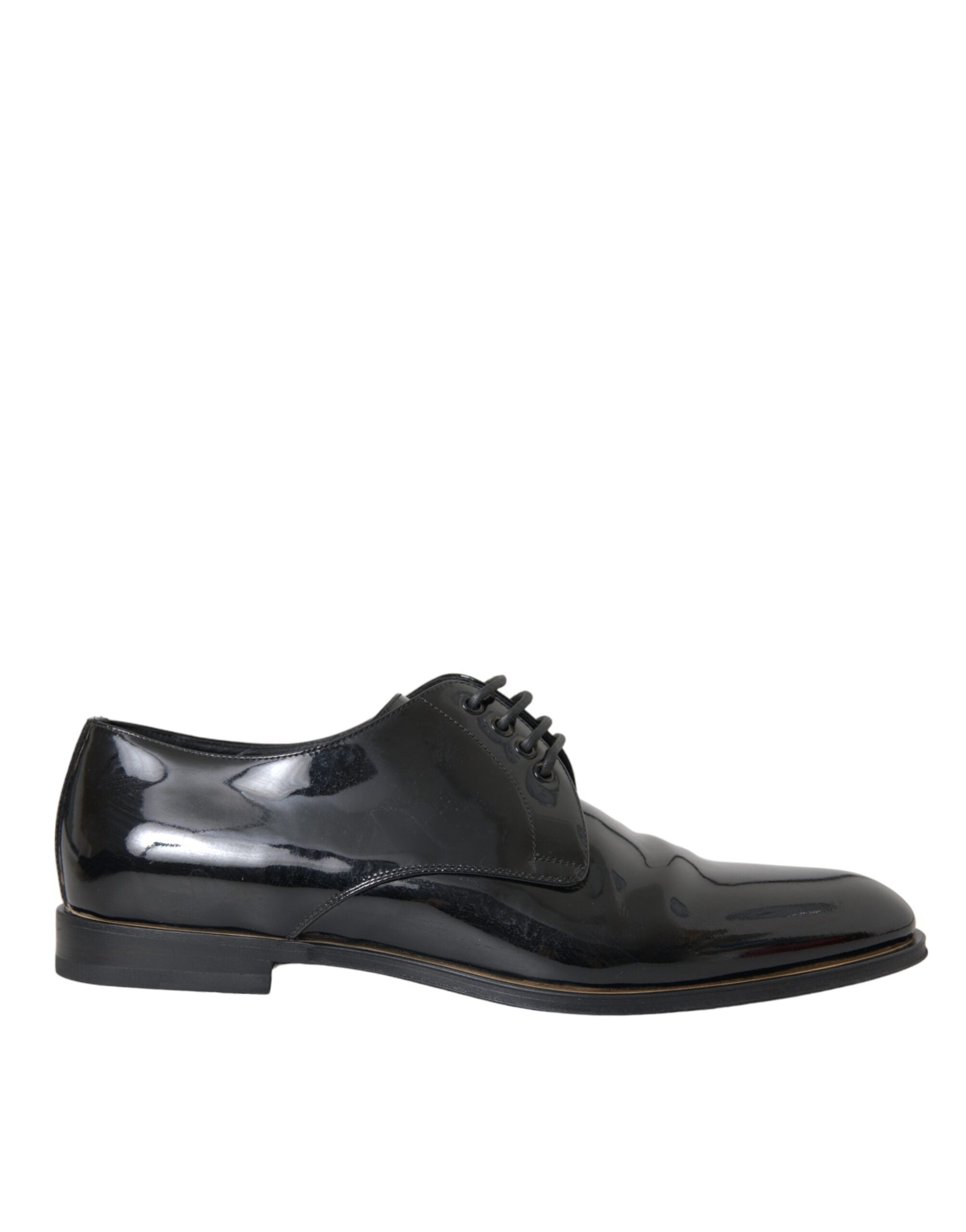 Chaussures derby élégantes en cuir verni noir de Dolce & Gabbana, chaussures formelles pour homme, avec lacets sophistiqués.