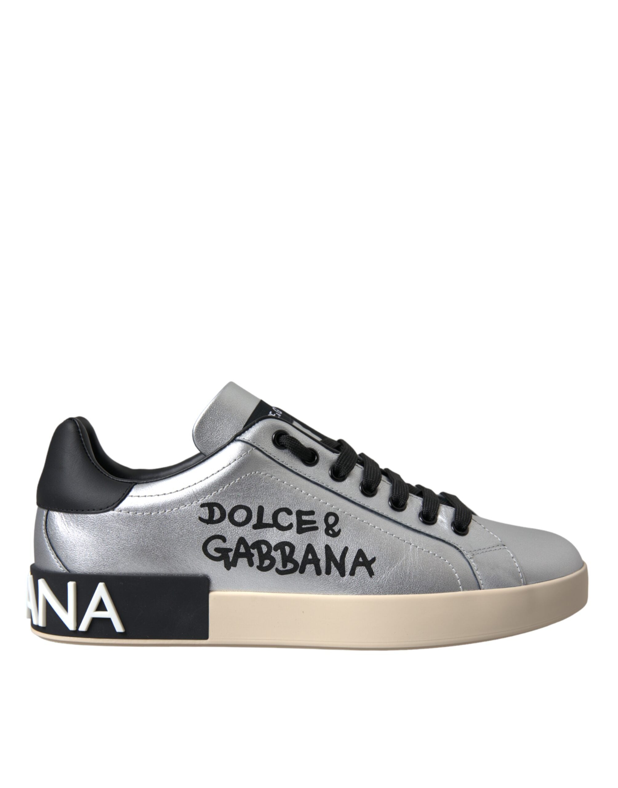 Sneakers en cuir de veau argenté Dolce & Gabbana Portofino pour homme, chaussures élégantes et modernes.