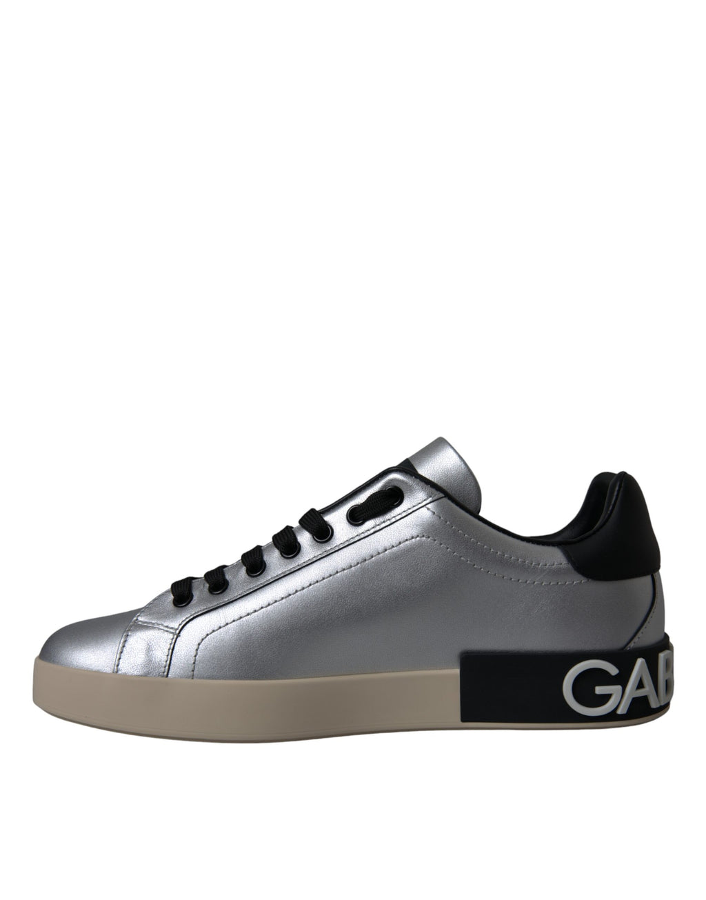 Chaussures pour hommes Dolce & Gabbana Portofino en cuir de veau argenté, sneakers élégants et modernes.