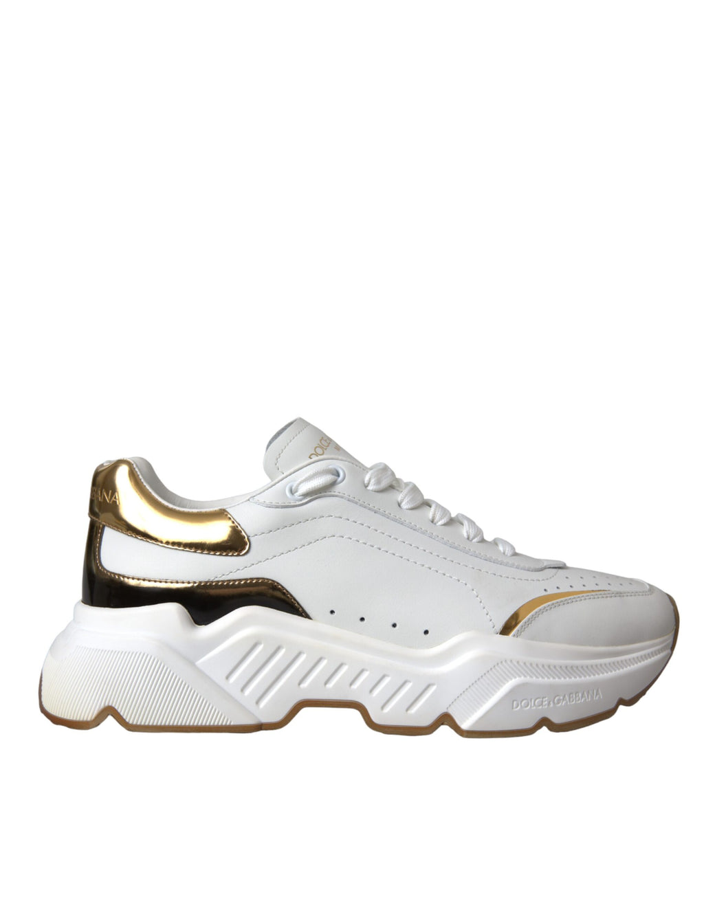 Chaussures sneakers en cuir blanc et or Dolce & Gabbana DAYMASTER, chaussures de luxe pour hommes et femmes.