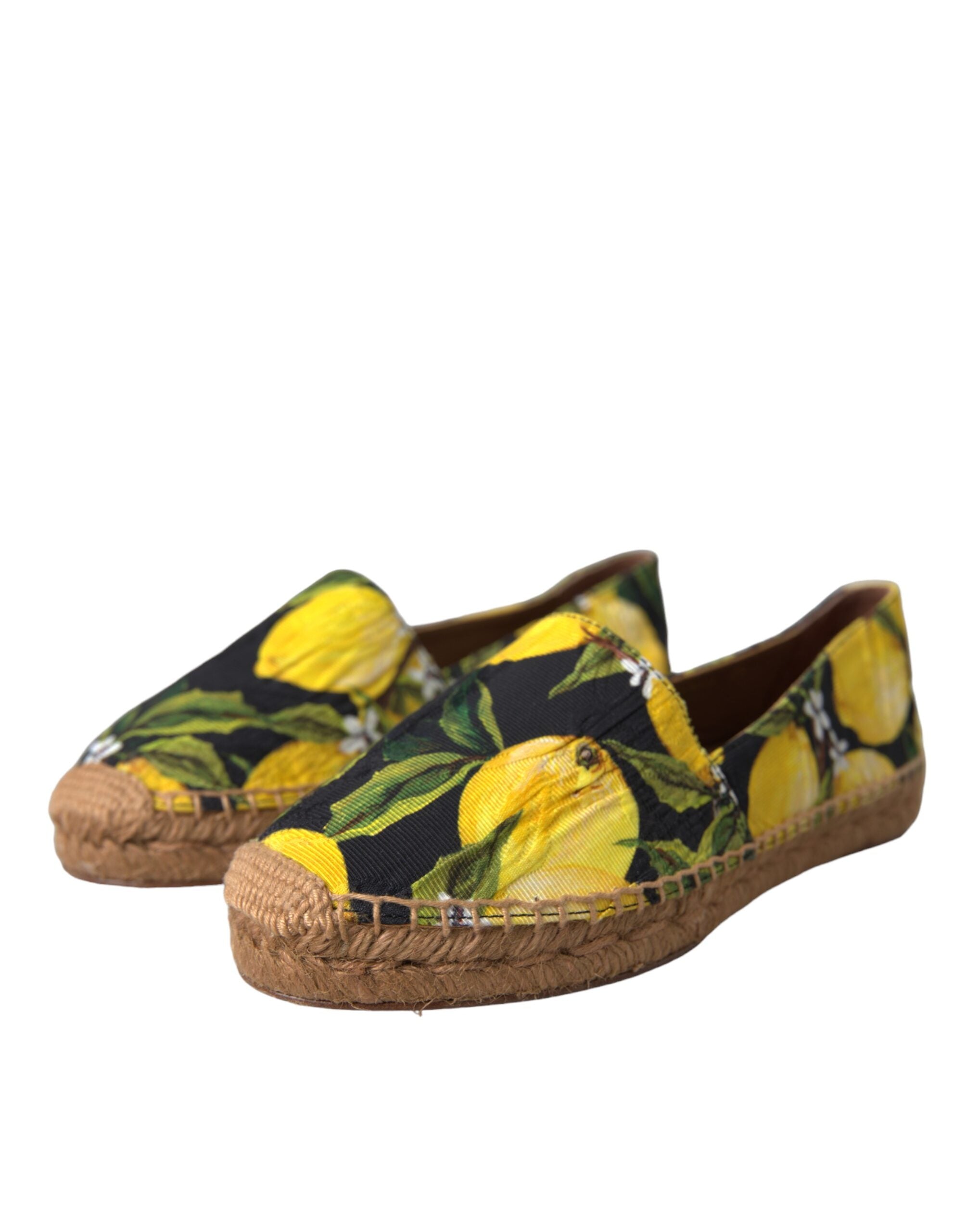 Espadrilles Dolce & Gabbana multicolores avec citrons, chaussures slip-on élégantes pour femmes, motif vibrant et estival.