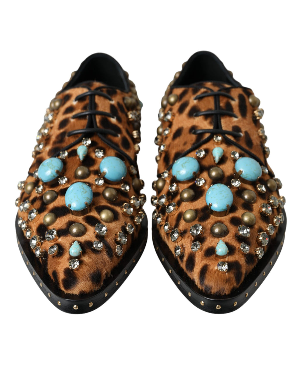 Chaussures Dolce & Gabbana en cuir marron avec imprimé léopard, ornées de cristaux, style brogue, pour femme.