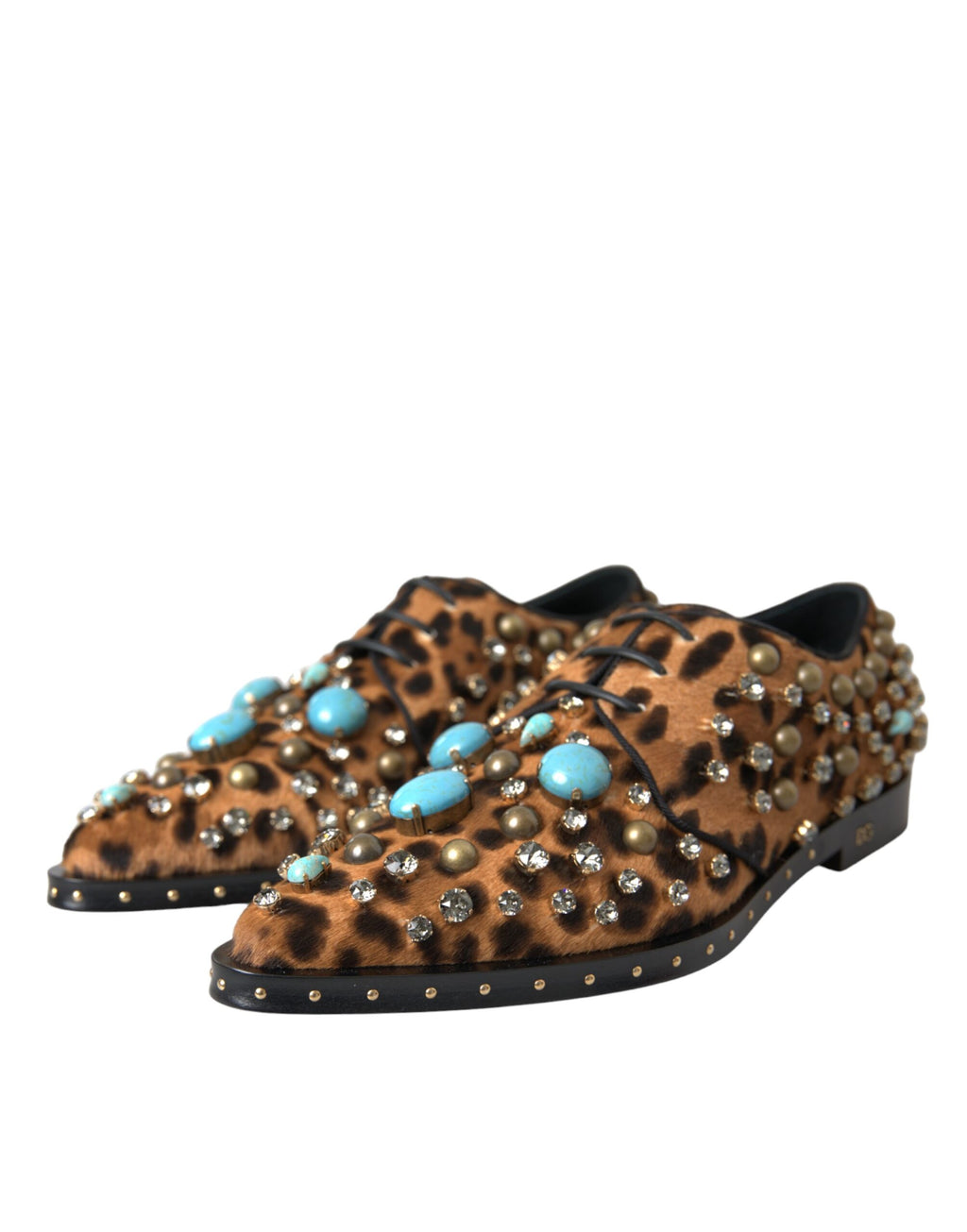 Chaussures Dolce & Gabbana en daim marron avec motif léopard, cristaux et brogue, élégantes et sophistiquées.