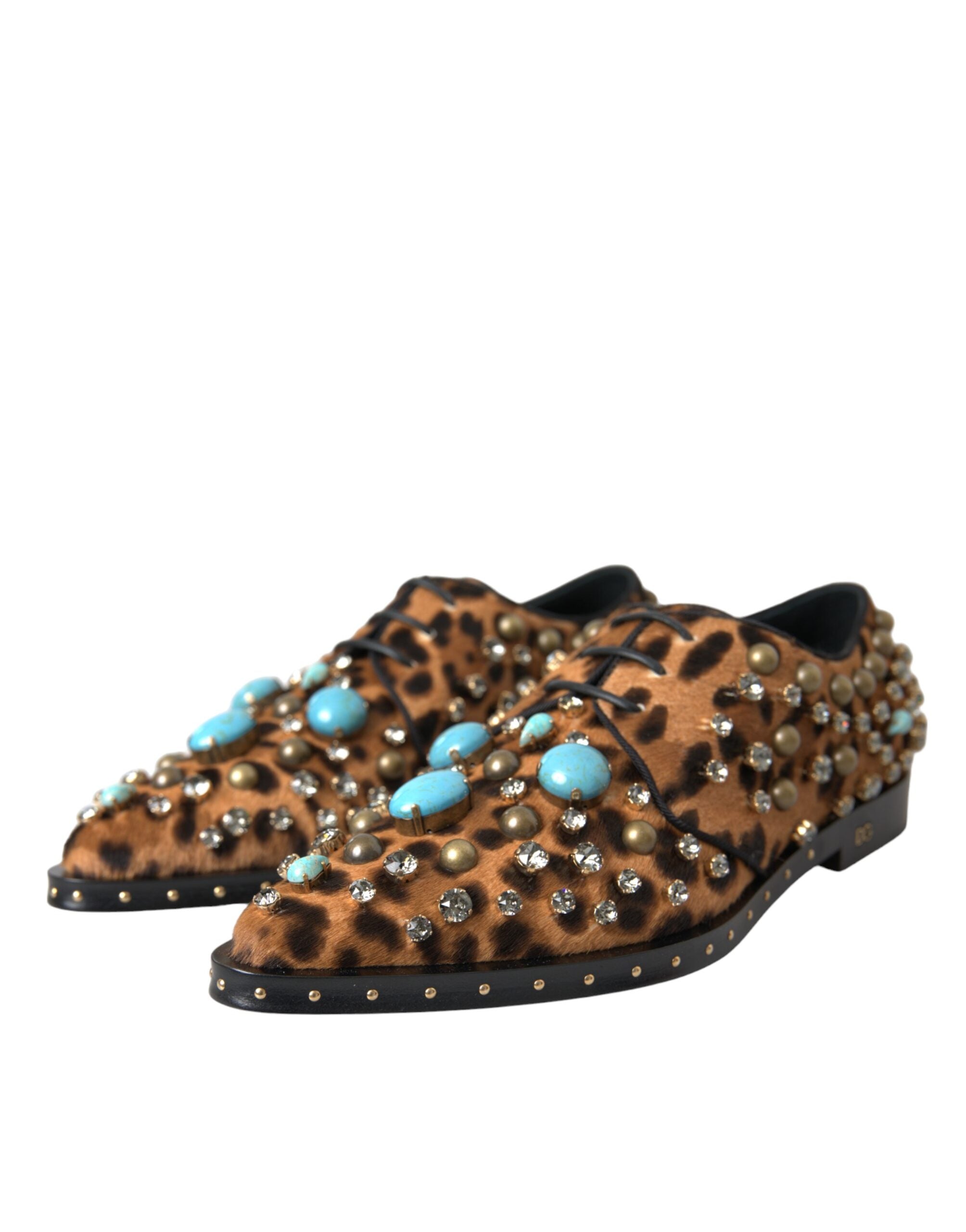 Chaussures Dolce & Gabbana en daim marron avec motif léopard, cristaux et brogue, élégantes et sophistiquées.
