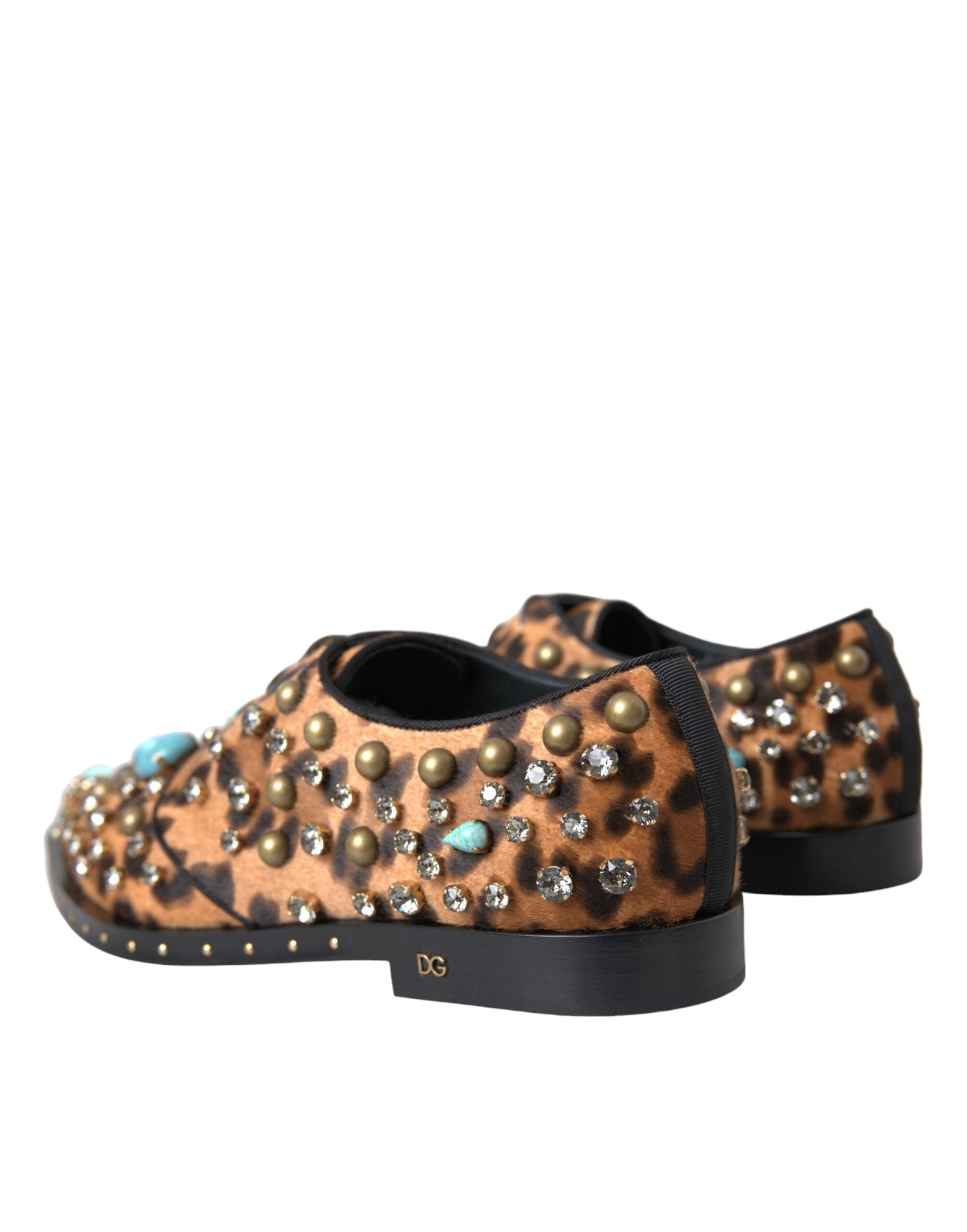 Chaussures Dolce & Gabbana en cuir marron à motif léopard avec cristaux, style brogue élégant et sophistiqué.