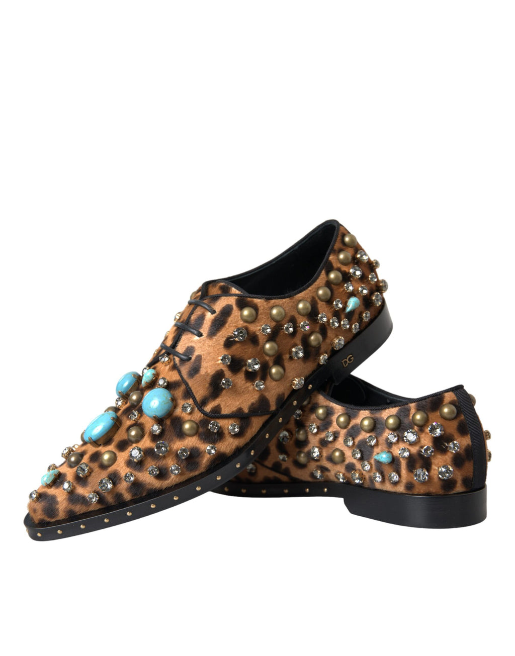 Chaussures Dolce & Gabbana en cuir marron à motif léopard avec cristaux, style élégant et sophistiqué.